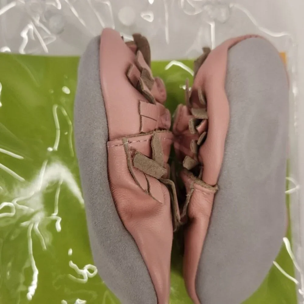Tickle Toes Genuine Leather Baby Moccasins Pink Fringe Elastic Fit Size 6-12‎